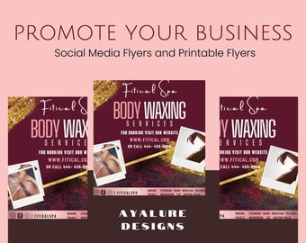 May include: Three social media flyers for a spa offering body waxing services. The flyers feature a burgundy background with gold glitter accents and a photo of a woman's arm and hand. The text on the flyers reads "Fitical Spa", "Body Waxing Services", "For booking visit our website www.fitical.com or call 444-456-9960".