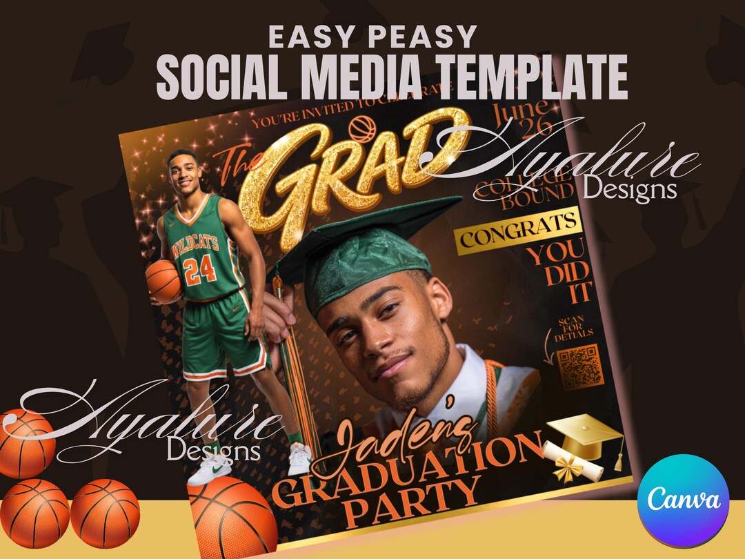 Basketball Graduation Invitation Template, Class of 2026 Editable Canva ...