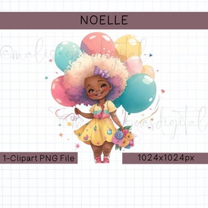 May include: A digital illustration of a smiling girl with a large afro holding colorful balloons and a bouquet of flowers. She wears a yellow dress with heart details and a purple bow. The image includes the text "NOELLE".