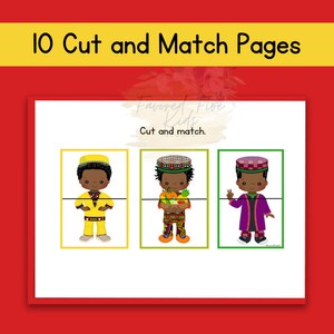 K&ouml;nnte beinhalten: Ein farbenfrohes Lernblatt mit dem Text "10 Cut and Match Pages". Das Bild zeigt drei Zeichentrickfiguren in traditioneller Kleidung, jeweils in einem andersfarbigen Rahmen. Der Text "Cut and match" ist ebenfalls sichtbar.