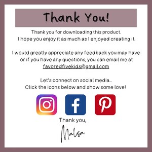 May include: A digital graphic with the words "Thank You!" in a handwritten style. The image includes social media icons for Instagram, Facebook, and Pinterest, along with an email address and a signature.