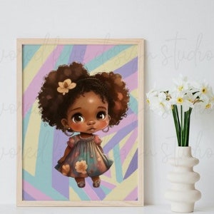 May include: A framed art print featuring a cartoon illustration of a young girl with dark skin and curly brown hair. She wears a floral dress against a pastel rainbow background. A vase of white flowers sits to the right.