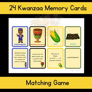 K&ouml;nnte beinhalten: Ein Set von 24 Kwanzaa-Memory-Karten mit Illustrationen und Text. Die Karten zeigen Bilder einer Person, eines Kelches, Mais und einer gewebten Matte, mit englischem Text. Die Worte "Matching Game" stehen unten.