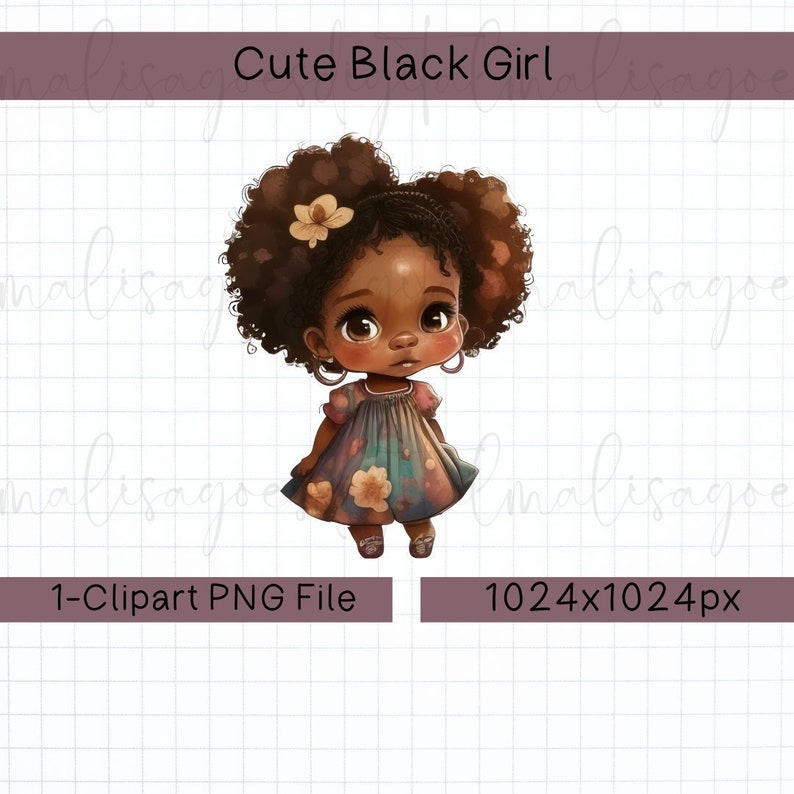 May include: A digital illustration of a cute Black girl with large eyes and curly hair. She wears a floral dress and hoop earrings. The image includes the text "Cute Black Girl", "1-Clipart PNG File", and "1024x1024px".