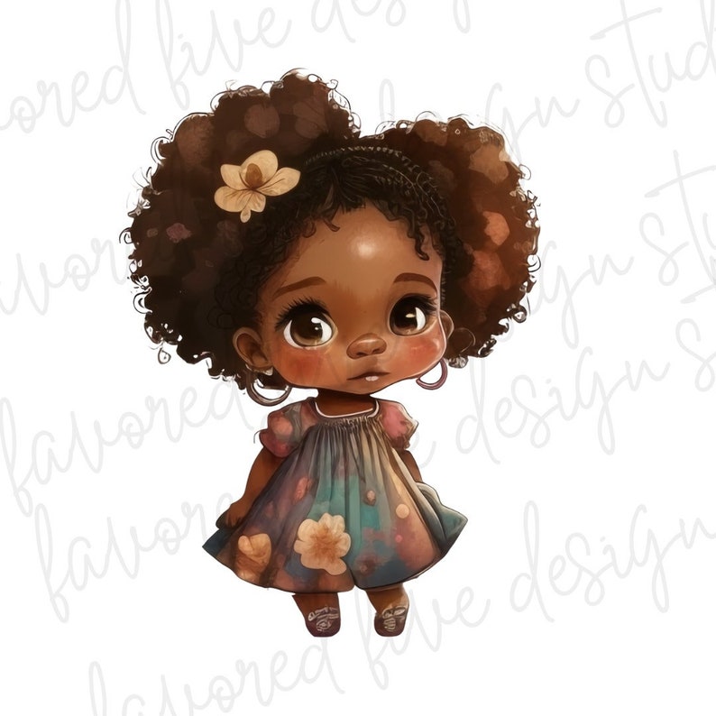 May include: A digital illustration of a young girl with dark skin, large brown eyes, and curly brown hair. She wears a floral dress in shades of blue, pink, and yellow, with a flower in her hair and hoop earrings. The image has a soft, watercolor style.