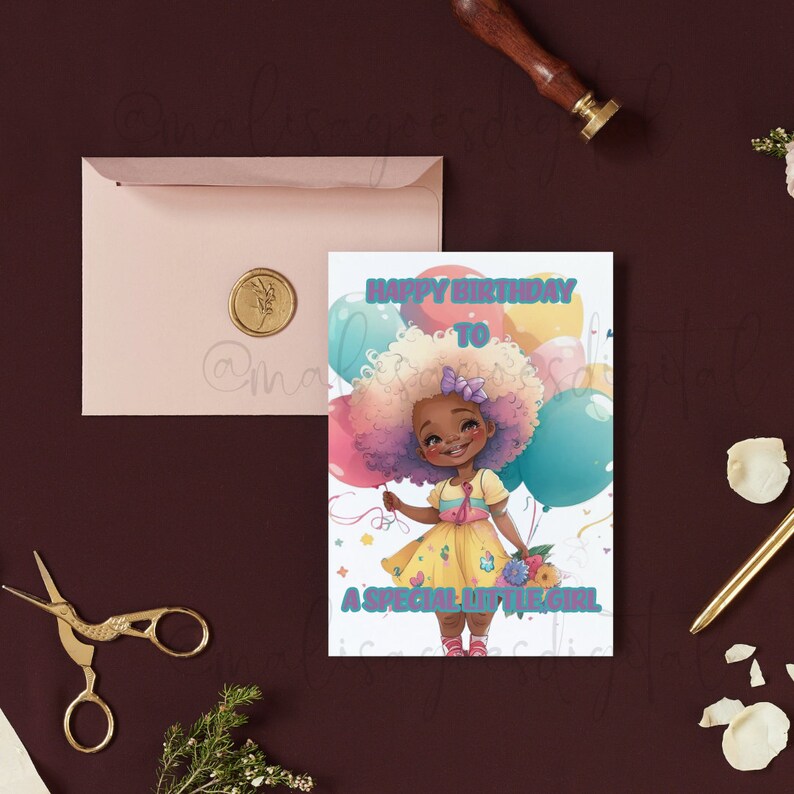 May include: A birthday card with a cartoon illustration of a girl holding balloons. The card reads "Happy Birthday To A Special Little Girl." The girl has colorful hair and is wearing a yellow dress. A pink envelope and gold scissors are also visible.