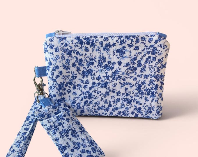 Quilted Royal Blue Floral Zipper Pouch Set, Cotton Chapstick Holder Keychain, Wristlet Coin Purse