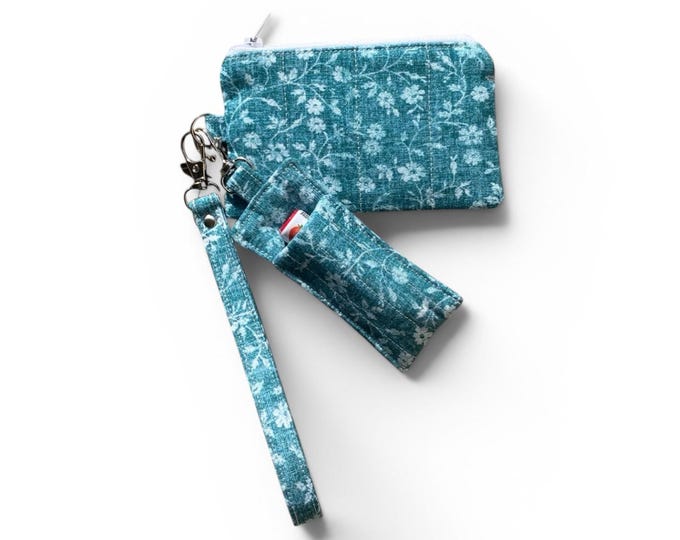 Quilted Mini Floral Cotton Wristlet Pouch and Chapstick Holder Keychain Set