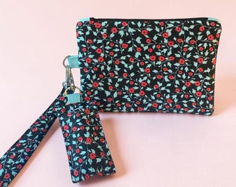 Quilted Floral Zipper Pouch Set, Cotton Lip Balm Holder Keychain, Padded Wristlet Coin Purse