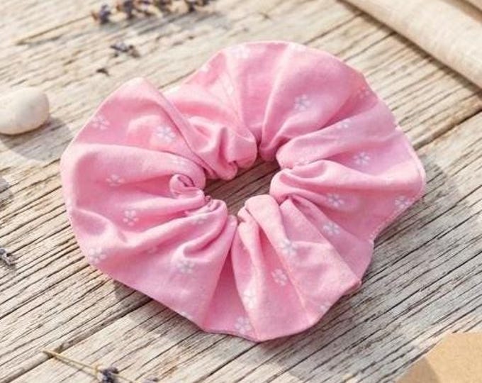 Pastel Pink Ditsy Floral Cotton Scrunchie, Cottagecore Hair Accessory, Gentle Cotton Tie