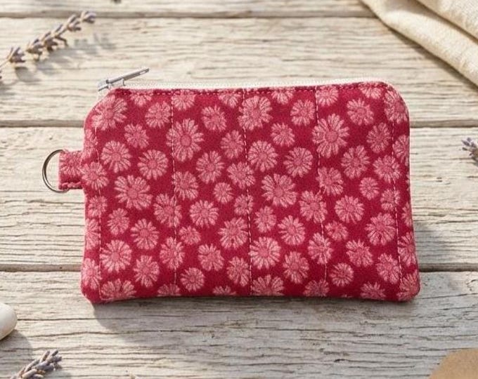 Quilted Pink Daisy Zipper Pouch, Mini Card Wallet, Keychain Coin Purse