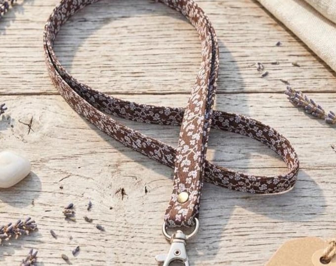 Handmade Brown Floral Cotton Lanyard – ID Badge Holder, Keychain Neck Strap