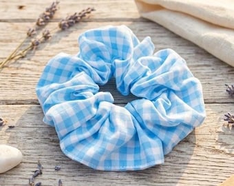 Blue Gingham Cotton Scrunchie, Classic Size Plaid Hair Tie, Casual Ponytail Holder