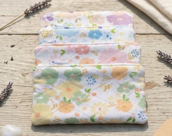 Floral Fabric Coin Pouch, Quilted Pastel Flower Zipper Wallet with Pattern Options