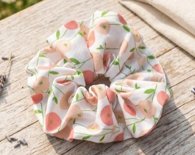 Cotton Peach Blossom Scrunchie, Pastel Botanical Hair Tie, Cottagecore Accessory