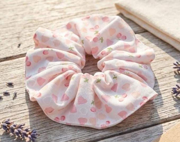 Pink Cherry Heart Cotton Scrunchie, Cottagecore Hair Accessory, Gentle Cotton Fabric Tie