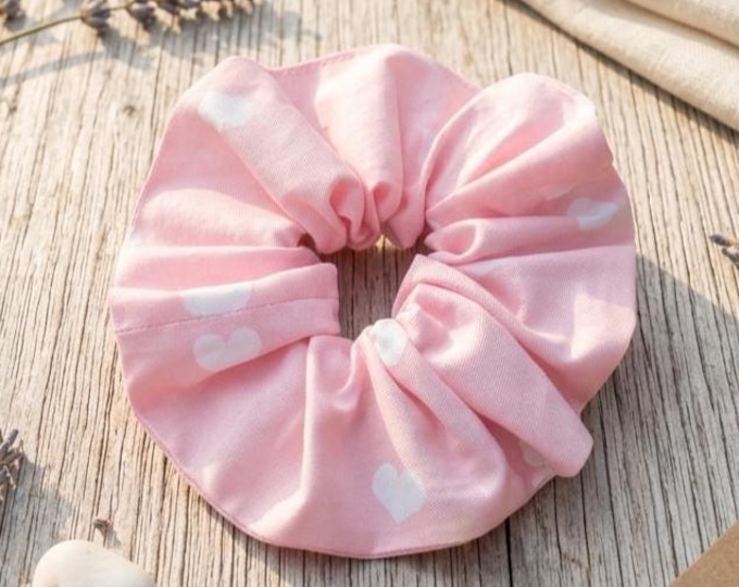 Pink Heart Cotton Scrunchie, Pastel Cottagecore Hair Accessory, Gentle Cotton Tie