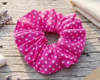 Hot Pink Polka Dot Cotton Scrunchie, Bright Coquette Hair Tie, Romantic Cottagecore Hair Accessory, Aesthetic Wrist Bracelet, Gift for Her