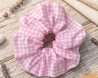 Pink Gingham Cotton Scrunchie, Pastel Plaid Hair Tie, Cottagecore Accessory