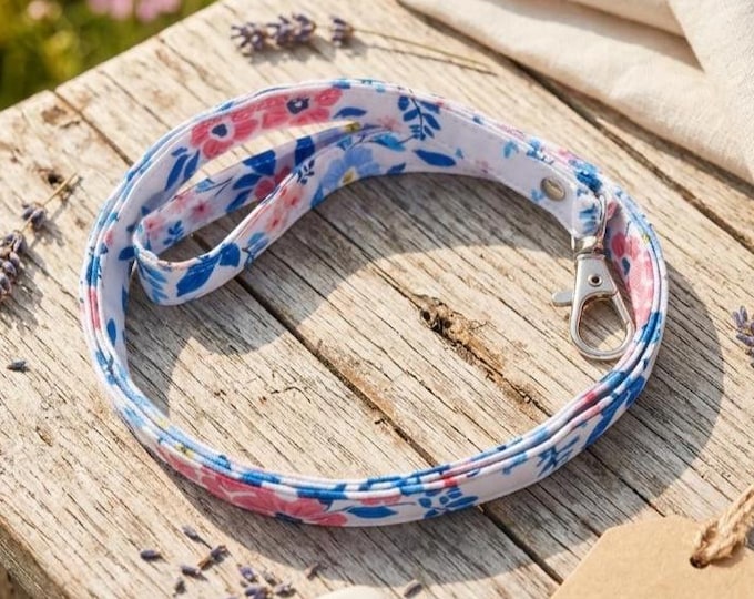 Blue Pink Floral Fabric Lanyard, Botanical Flower Keychain Neck Strap, Metal Clasp