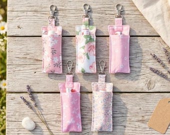 Pink Floral Cotton Lip Balm Holder Cosmetic Pouch Keychain with Silver Swivel Clip