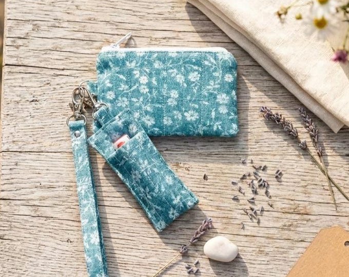 Quilted Mini Floral Cotton Wristlet Pouch and Chapstick Holder Keychain Set
