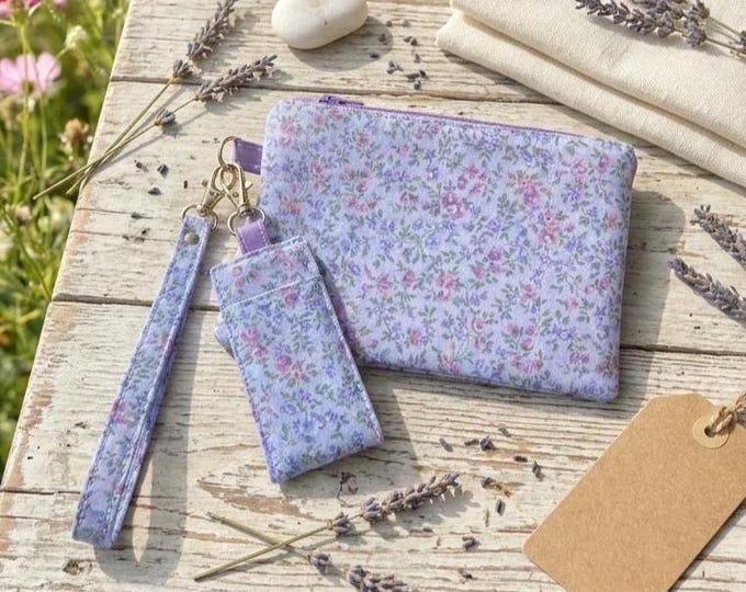 Quilted Floral Zipper Pouch Set, Periwinkle Cotton Chapstick Holder Keychain, Lavender Wristlet Coin Purse