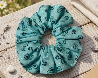 Turquoise Blue Paisley Fabric Scrunchie, Cottagecore Boho Hair Accessory