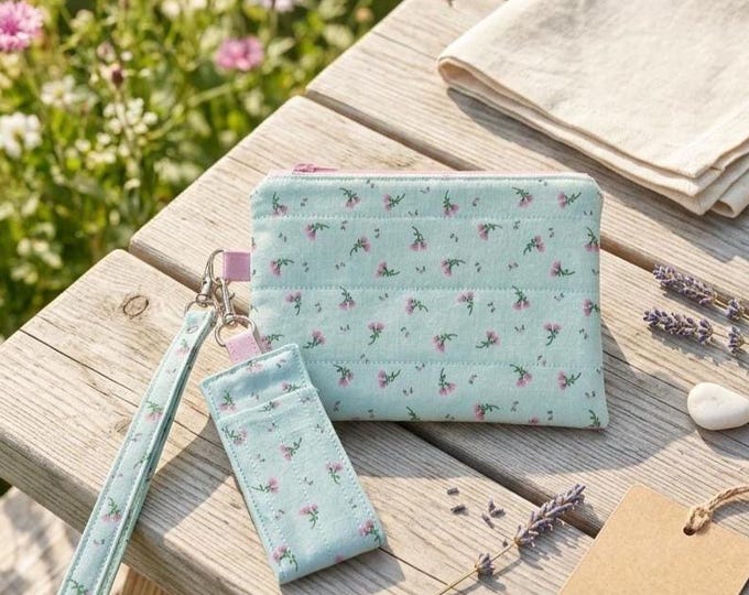 Quilted Mint Green Floral Pouch Set, Pink Lip Balm Holder Keychain, Cotton Wristlet Purse