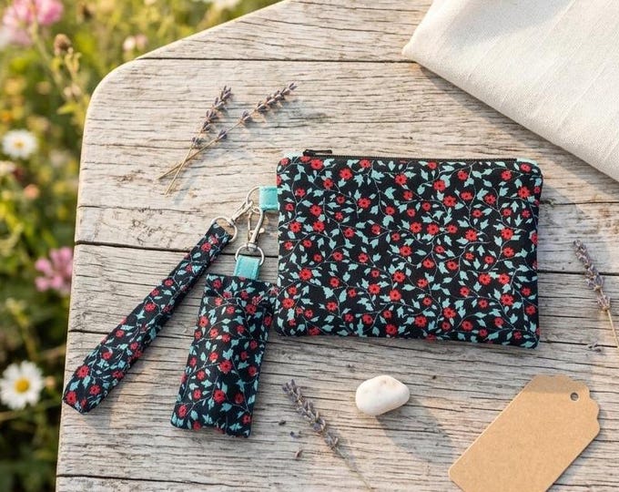 Quilted Floral Zipper Pouch Set, Cotton Lip Balm Holder Keychain, Padded Wristlet Coin Purse