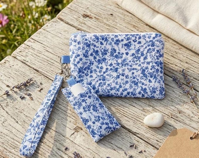 Quilted Royal Blue Floral Zipper Pouch Set, Cotton Chapstick Holder Keychain, Wristlet Coin Purse