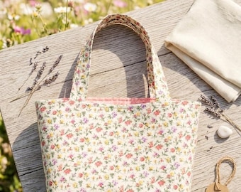 Handmade Quilted Cotton Small Tote Bag - Small Floral Ditsy Print Purse with Interior Pocket
