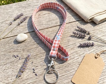 Dark Watermelon Pink Gingham Fabric Lanyard with Floral Details and Silver Clasp