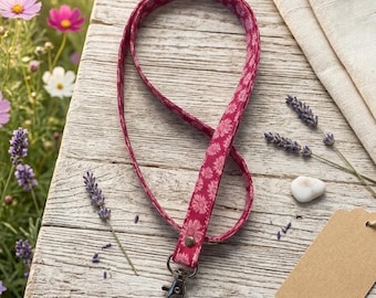 Handmade Pink Daisy Floral Lanyard, Fabric ID Badge Holder, Key Strap