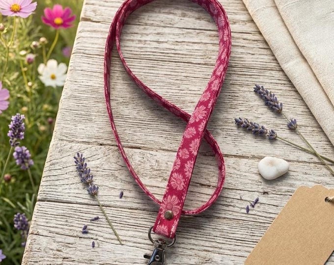 Handmade Pink Daisy Floral Lanyard, Fabric ID Badge Holder, Key Strap
