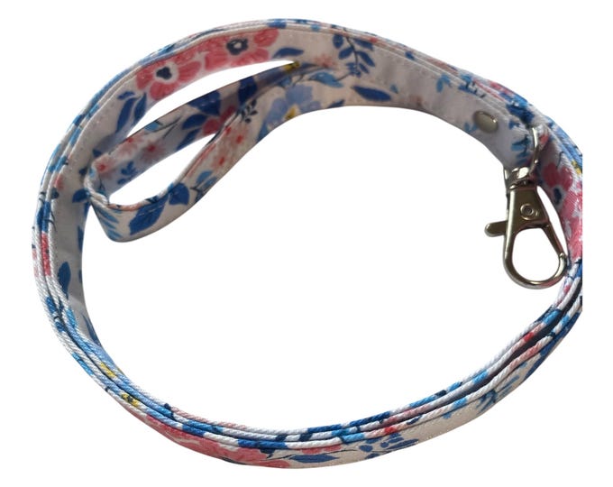 Blue Pink Floral Fabric Lanyard, Botanical Flower Keychain Neck Strap, Metal Clasp