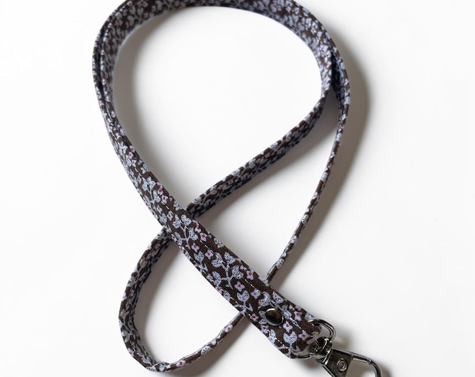 Handmade Brown Floral Cotton Lanyard – ID Badge Holder, Keychain Neck Strap