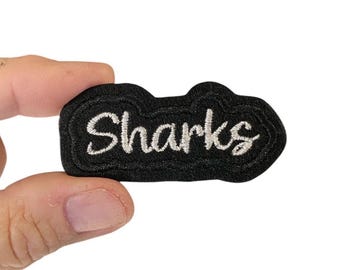 Sharks Iron-On Patch – Embroidered Team Name Patch – 1" x 2.375" for Jackets, Uniforms, Backpacks & Gifts