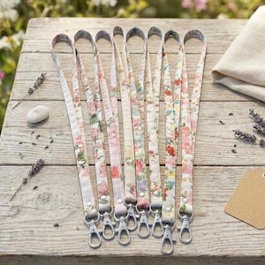 Floral Fabric Lanyard, Pastel Flower ID Badge Holder, Cotton Key Chain, Teacher Nurse Gift