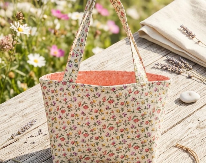 Medium Cream Quilted Cotton Tote Bag with Pink Floral Ditsy Print