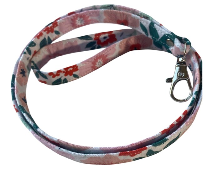 Coral Pink Floral Fabric Lanyard – Bold Flower Keychain Neck Strap with Metal Clasp