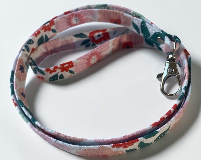 Coral Pink Floral Fabric Lanyard – Bold Flower Keychain Neck Strap with Metal Clasp
