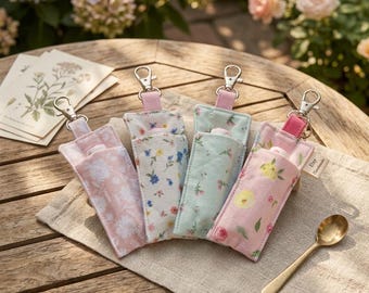 Handmade Quilted Chapstick Holder Keychain, Floral Cotton Lip Balm Pouch, Purse Backpack Accessory