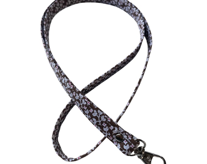 Handmade Brown Floral Cotton Lanyard – ID Badge Holder, Keychain Neck Strap