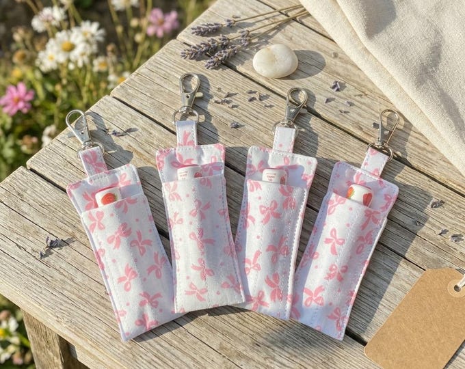 Handmade Quilted Cotton Lip Balm Holder Keychain, Pink Bow Chapstick Pouch