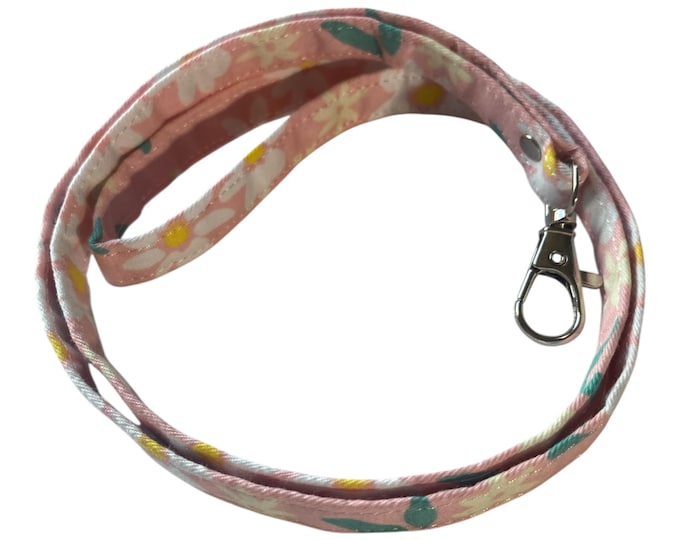 Pink Daisy Fabric Lanyard – Pastel Flower ID Badge Holder, Keychain Neck Strap