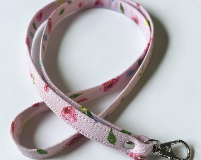 Pink Floral Fabric Lanyard – Watercolor Flower Keychain Neck Strap, ID Badge Holder