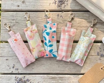 Handmade Cotton Lip Balm Holder Keychain, Floral Gingham Chapstick Pouch, Swivel Clasp Sleeve