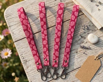 Pink Daisy Floral Wristlet Key Fob, Handmade Fabric Key Strap, Swivel Clasp Keychain