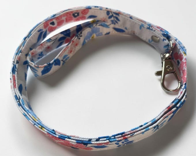 Blue Pink Floral Fabric Lanyard, Botanical Flower Keychain Neck Strap, Metal Clasp